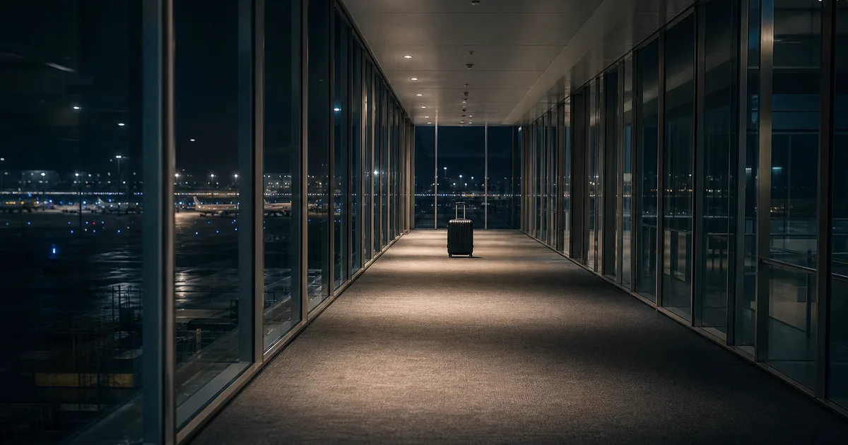 A traveler pulling a rolling suitcase through an airport terminal with large windows overlooking the runway at dusk