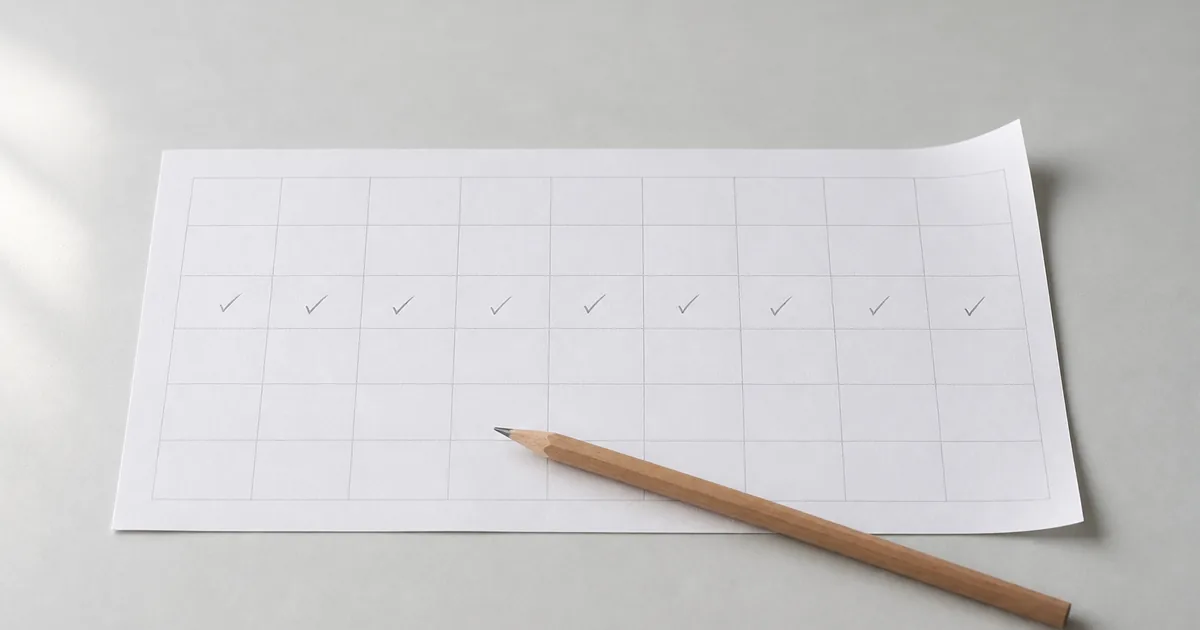A wall calendar page in soft window light with a run of days marked by plain pencil ticks, a pencil resting beside it, quiet and orderly