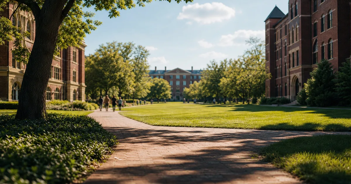 University campus quad with students walking between brick buildings on a sunny afternoon, backpacks over shoulders and laptops in hand