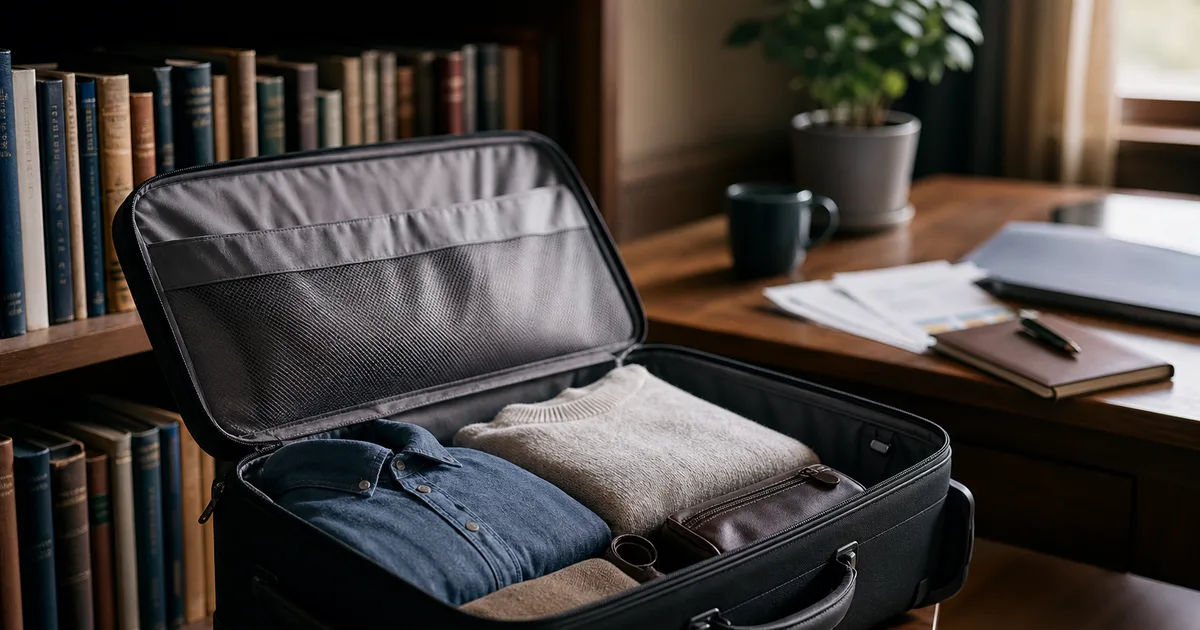 An open suitcase partially packed beside a bookshelf, with retirement savings paperwork and a small plant on a desk in the background