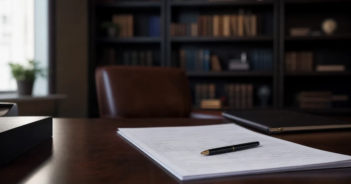A close-up of a tax form on a polished desk with a pen resting on it, soft diffuse light, a blurred background of bookshelves