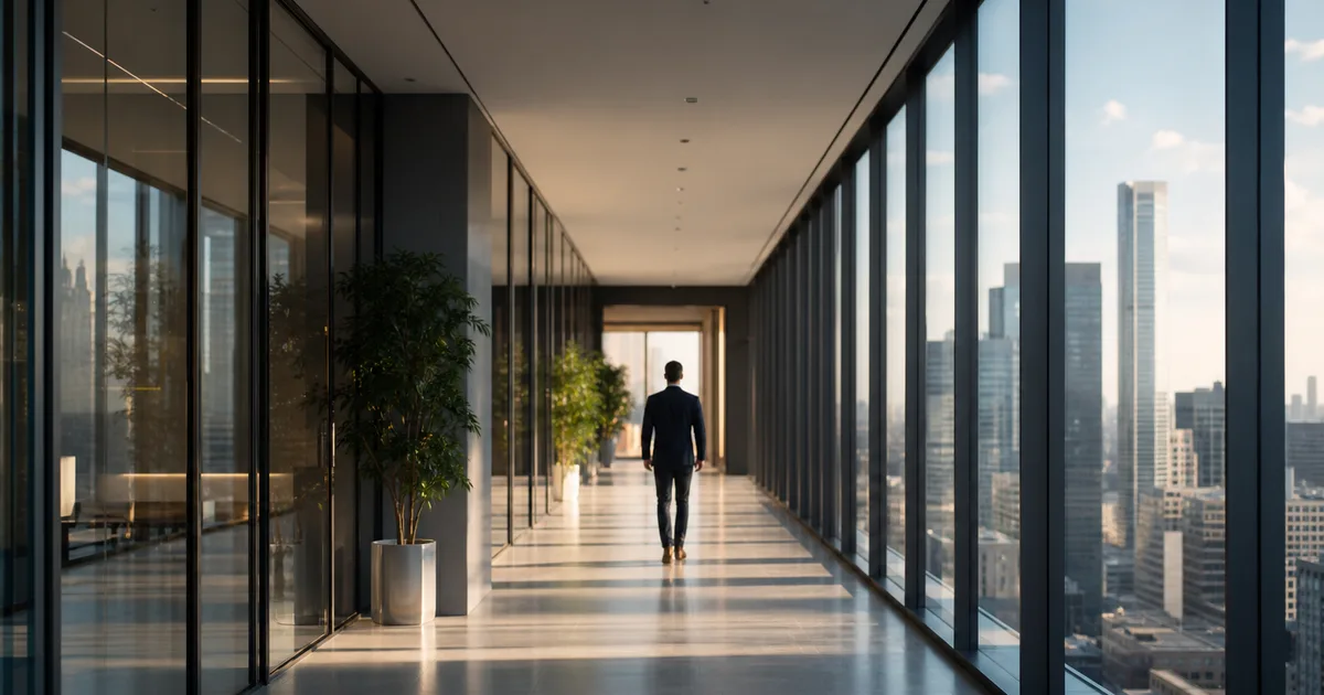 A long corridor inside a bright modern office building with glass walls on one side overlooking a city skyline, perspective leading to a doorway