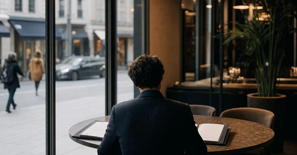 A professional seated at a cafe table studying two open folders side by side, morning light through glass, city street visible in background