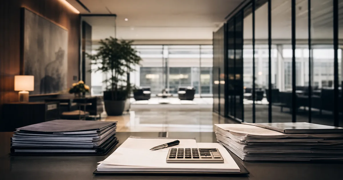 A polished corporate office lobby with glass walls and an organized desk holding documents and a calculator, professional muted tones