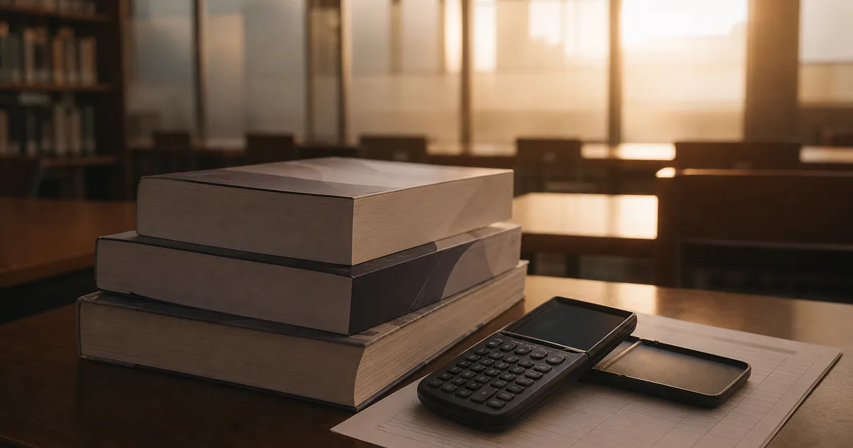 An actuary at a wooden desk reviewing probability tables and charts in a sunlit office with bookshelves in the background
