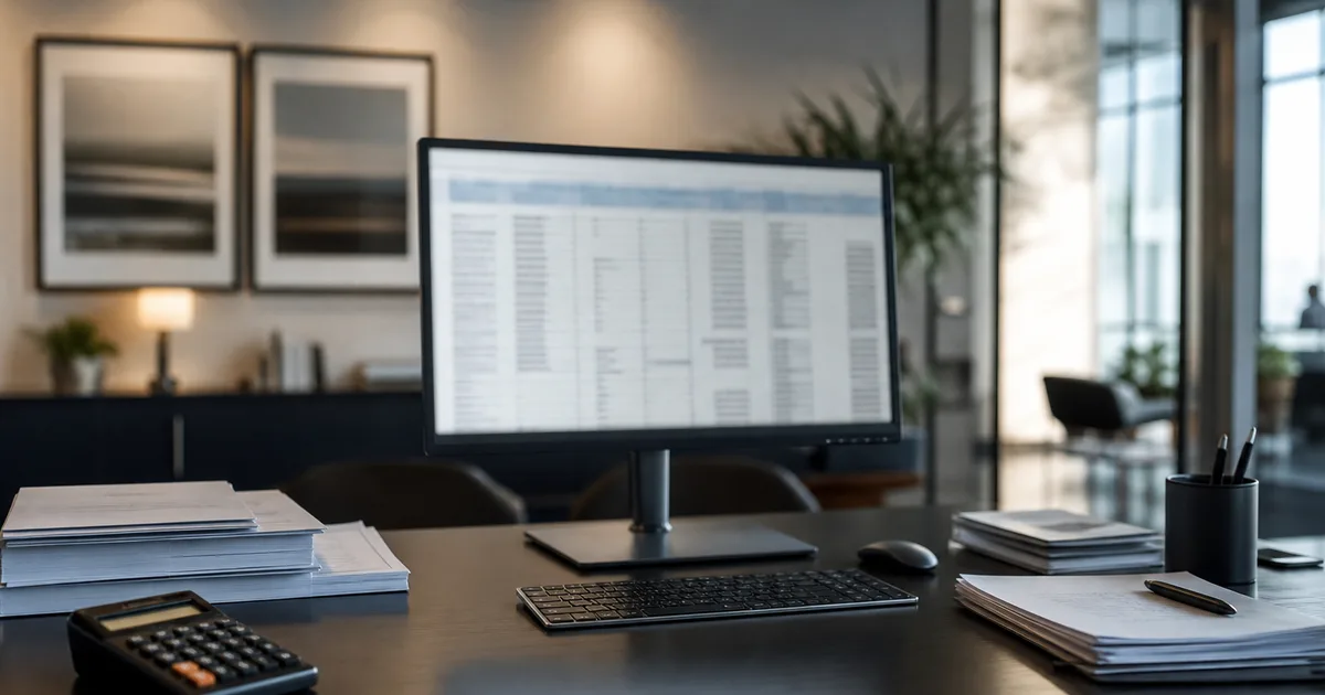 A calm insurance office with a monitor showing blurred spreadsheets, a calculator and stacked documents, corporate light