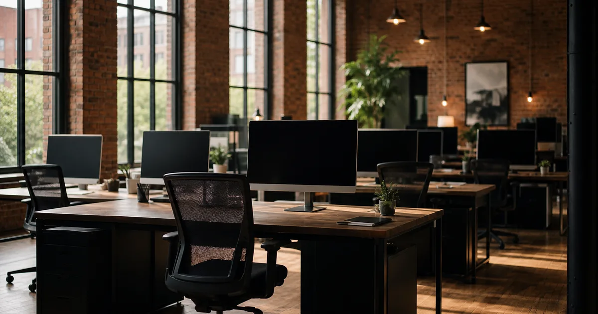 A software engineer working at a dual-monitor desk in a modern open-plan office with natural light streaming through large windows