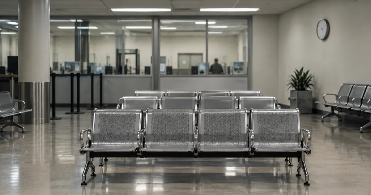 A traveler reviewing a passport and travel documents at an airport gate before boarding an international flight