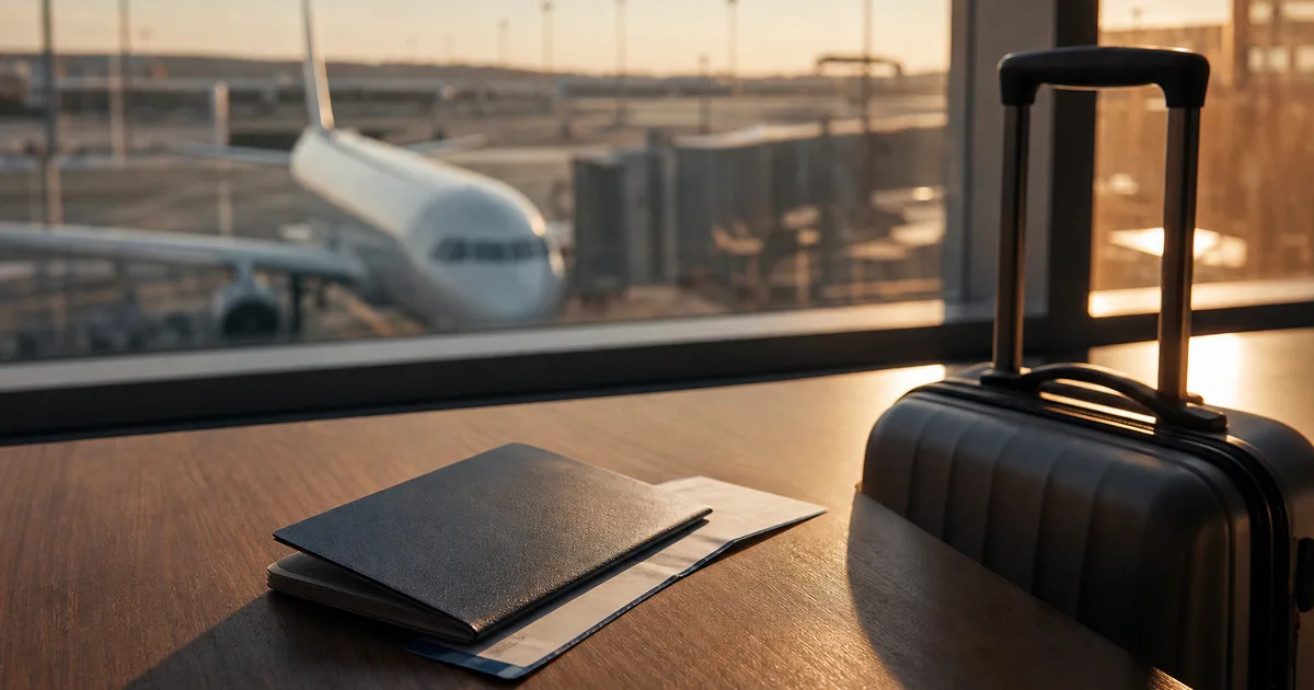 A passport and a boarding-pass-style document on a desk beside a small suitcase, an airport window with a plane beyond, warm light, no readable text