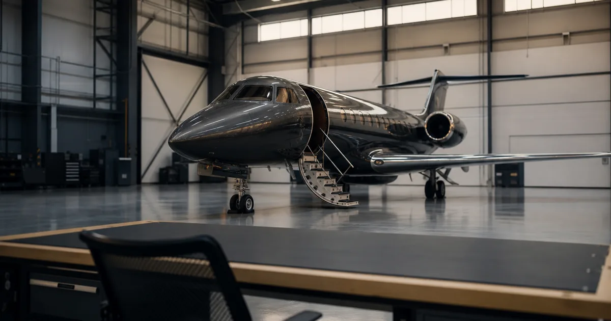 An aircraft hangar with a sleek fuselage under clean industrial light, an empty engineering workstation in the foreground