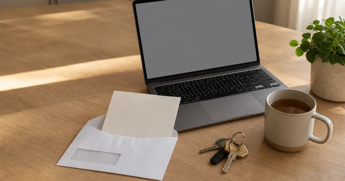 A laptop open on a kitchen table showing a blank status page, a mailed envelope and a paper notice beside it, soft late-afternoon light through a window