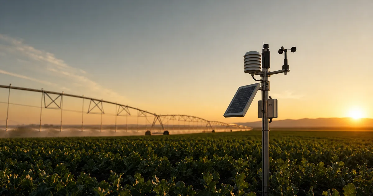 A vast farm field at golden hour with modern irrigation equipment and a sensor station in the foreground, warm expansive light, no people
