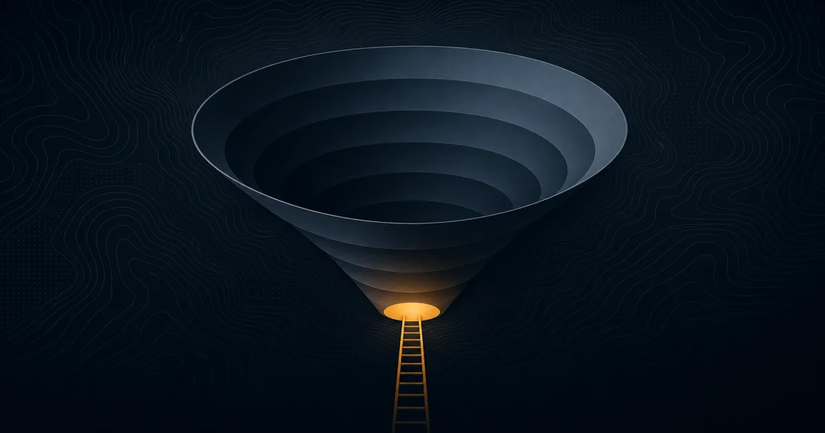 Abstract illustration of a narrowing funnel of arrows splitting into a new branching path, with topographic-line texture suggesting a route around an obstacle.