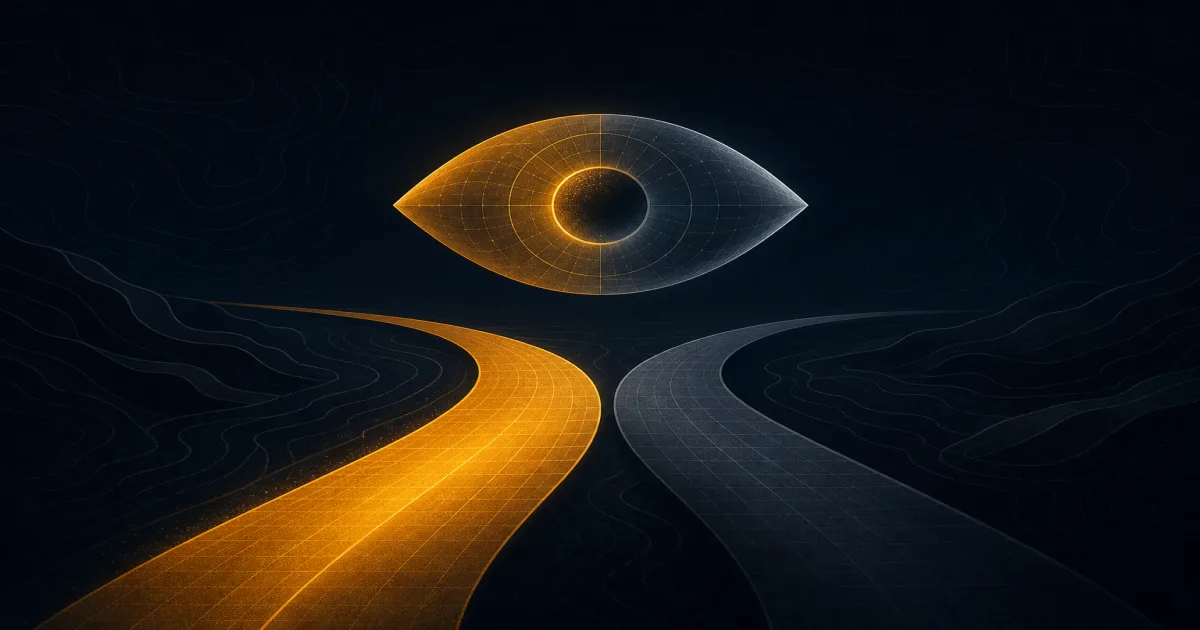 Abstract split illustration of two diverging paths beneath a stylized eye-shaped lens, with topographic-line texture suggesting a watched horizon.