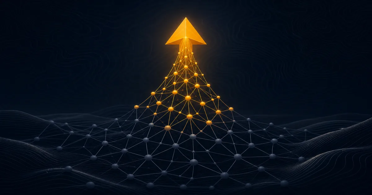 Abstract upward-flowing gradient lines branching from a single node into a neural-network lattice, layered over a soft topographic grid in brand colors.