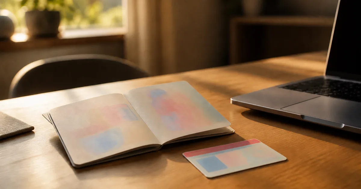 Close-up of official immigration documents and a passport on a desk with a pen resting on top