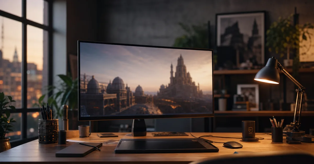 A digital artist studio at dusk with a large monitor showing a blurred 3D scene and a drawing tablet, warm creative ambient light, no people