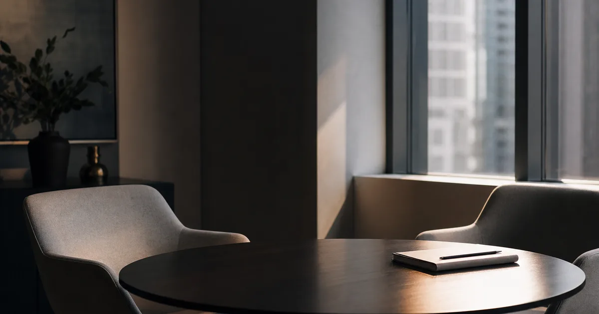 A calm one-on-one interview setting with two empty chairs by a window and a notebook on the table, soft daylight