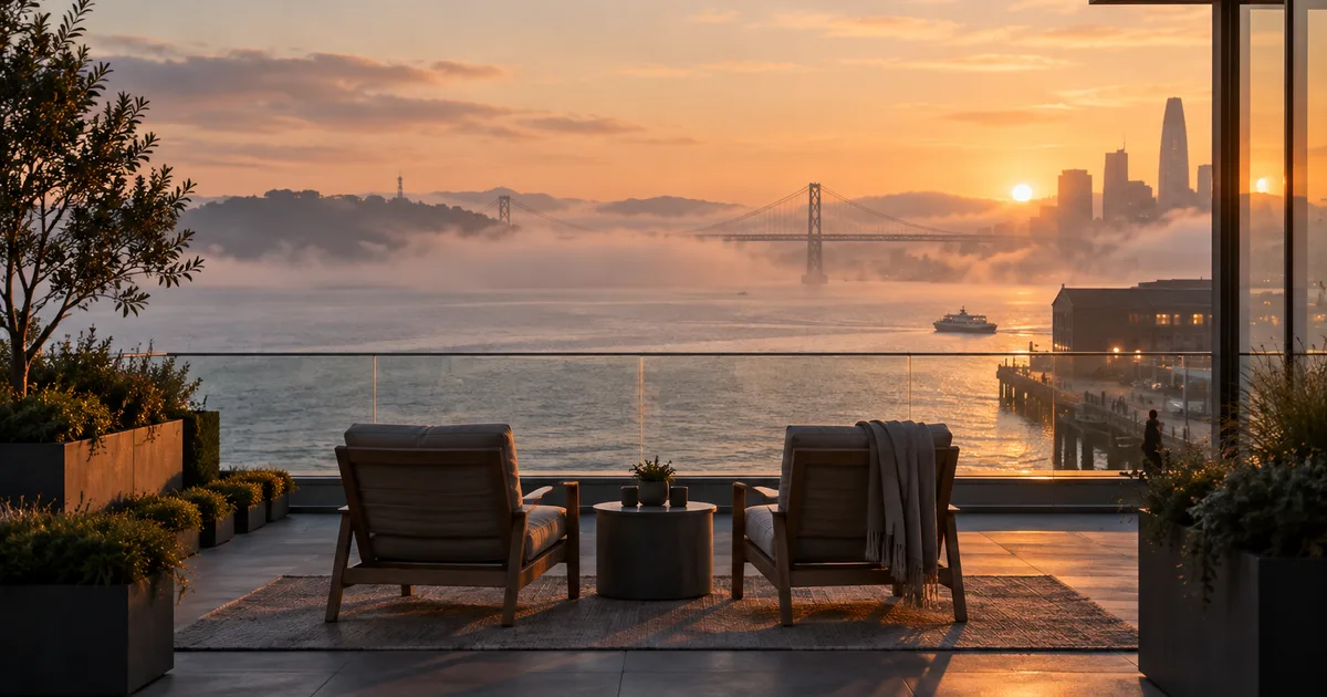 A quiet rooftop terrace of a waterfront office building at dawn, two empty chairs facing the bay, fog lifting off the water, no signage visible