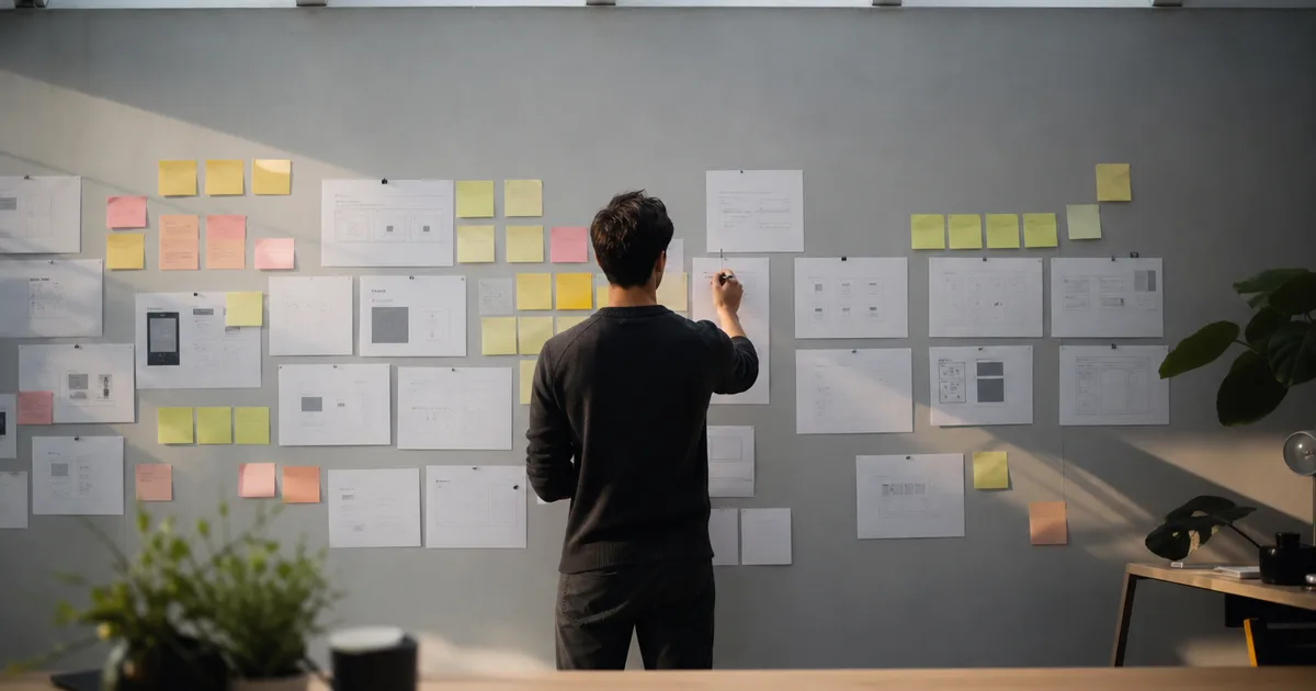 A young professional sketching a product roadmap on a large sticky-note wall in a collaborative workspace, surrounded by wireframe printouts, natural light