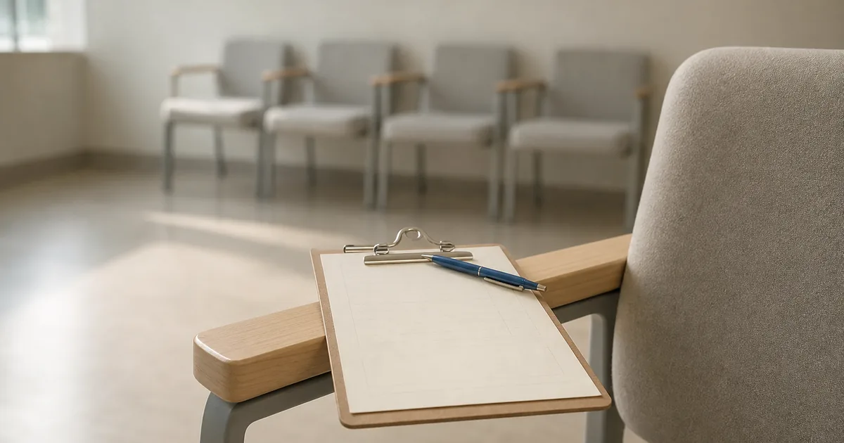 A clipboard holding a blank unmarked form and a ballpoint pen on a waiting-room chair arm, soft institutional daylight, calm and orderly, no readable text