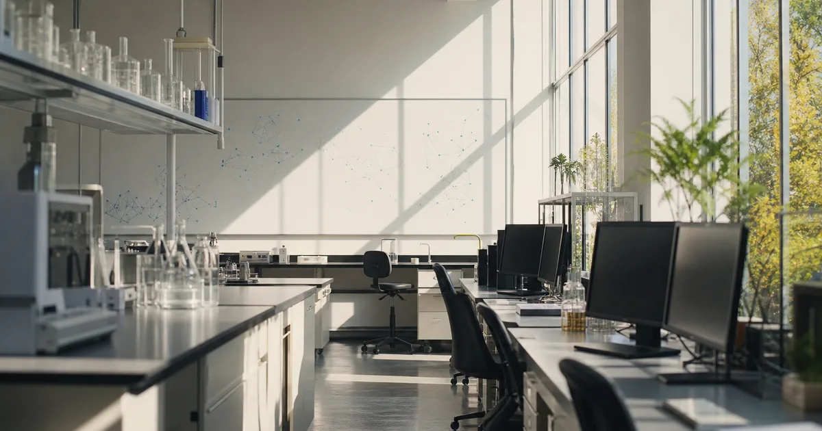 A researcher reviewing model training curves on dual monitors in a modern tech office with whiteboards covered in diagrams behind them