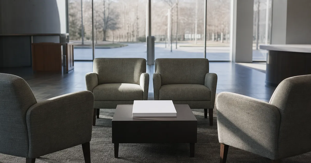An early-morning campus career center lobby before opening, rows of empty upholstered chairs and a low table with a stack of blank paper, pale grey daylight