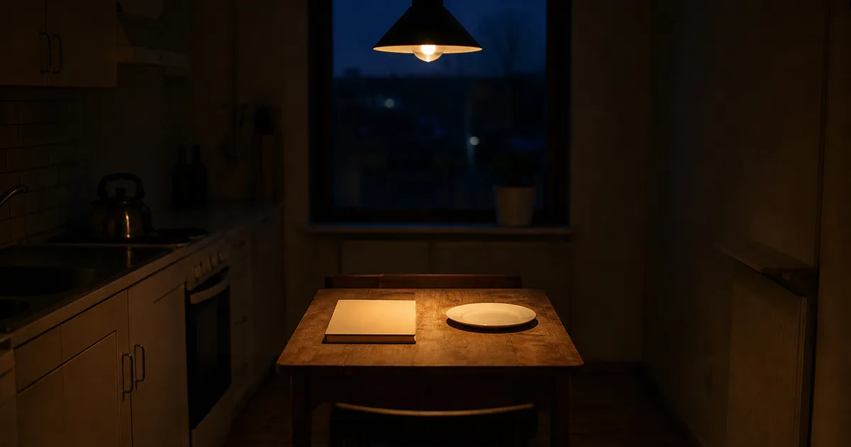 A narrow graduate apartment kitchen at two in the morning, a single pendant bulb over a small table with a closed notebook and an untouched plate, blue-black