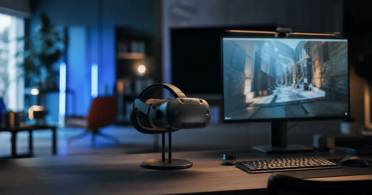 A modern XR lab desk with a VR headset resting on a stand and a monitor showing a blurred 3D scene, cool neon-tinged ambient light, no people