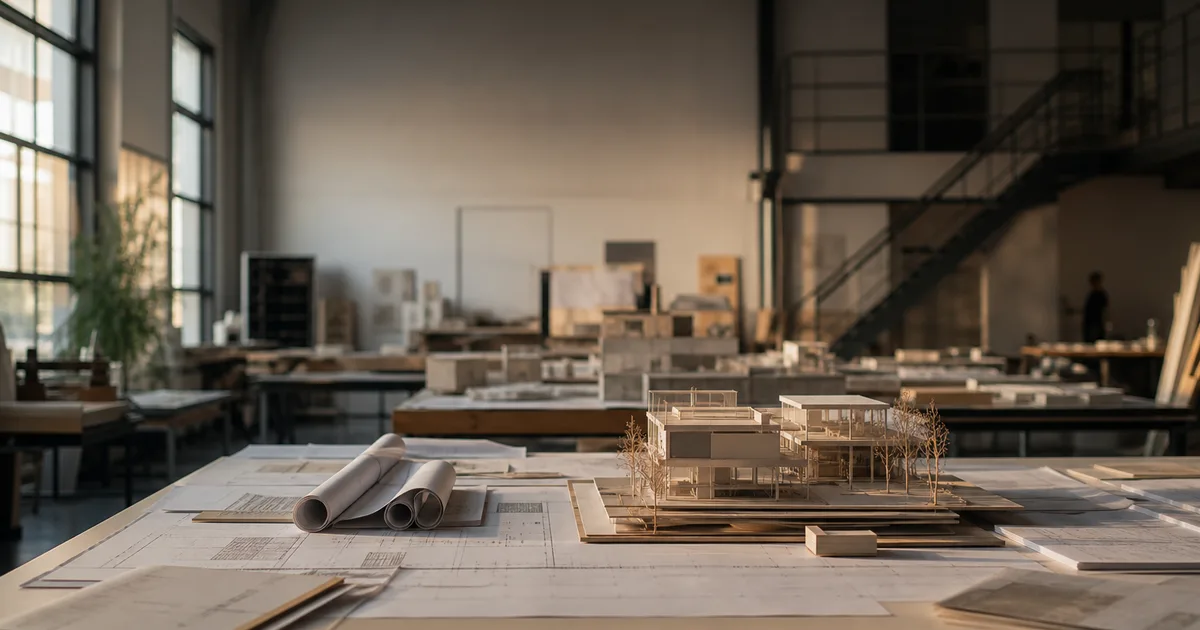 An architecture studio with physical scale models and rolled drawings on a drafting desk, warm directional light