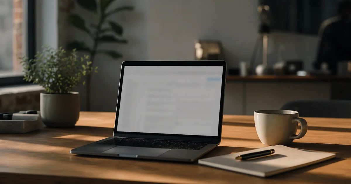 A desk with an open laptop showing a blurred application form, a pen and coffee beside it, contemplative morning light