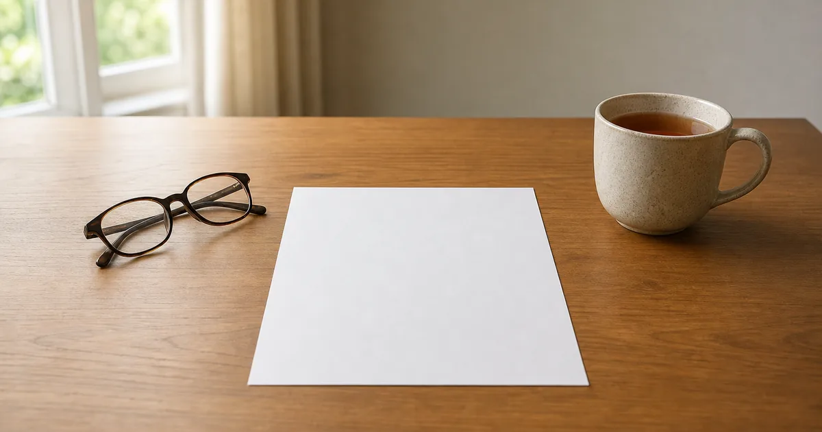 A close-up of an unmarked printed letter resting on a wooden desk beside reading glasses and a pen, shallow depth of field, warm morning light