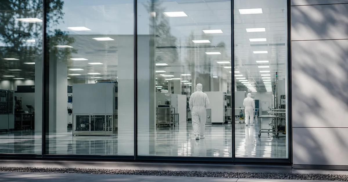 Engineer examining a silicon wafer under bright cleanroom lighting at a semiconductor fabrication facility