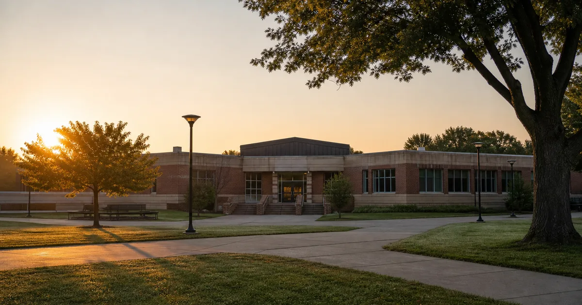 A community college building exterior at sunrise, low brick architecture and empty walkways