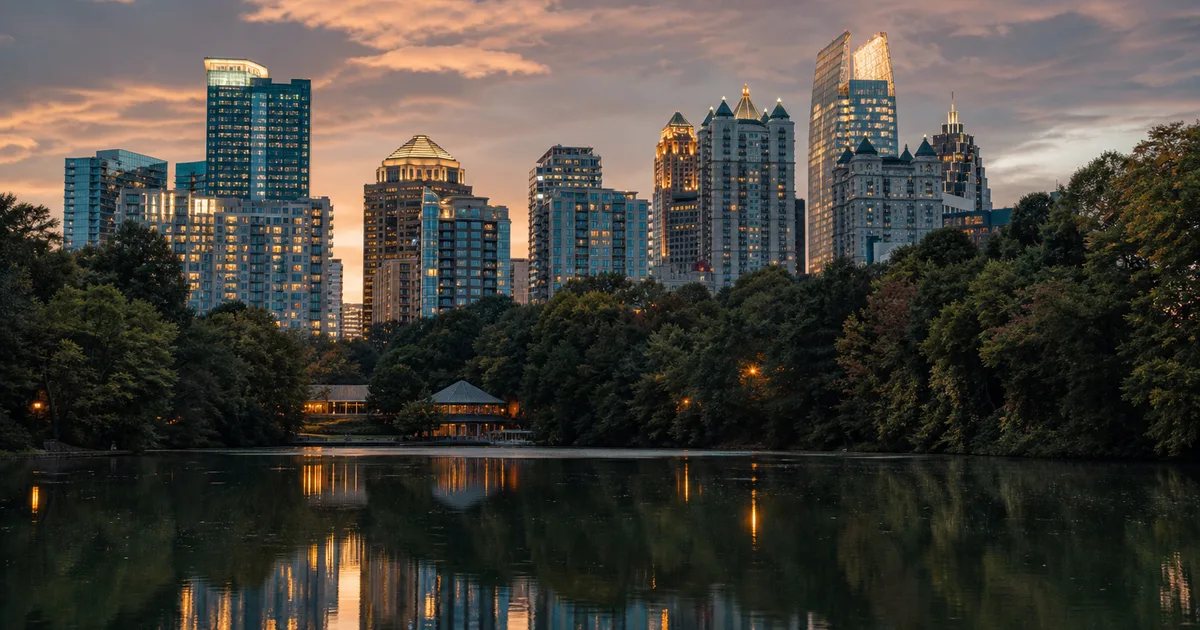 Midtown Atlanta skyline at dusk seen from Piedmont Park, reflections of illuminated skyscrapers shimmering on the surface of the park lake surrounded by lush