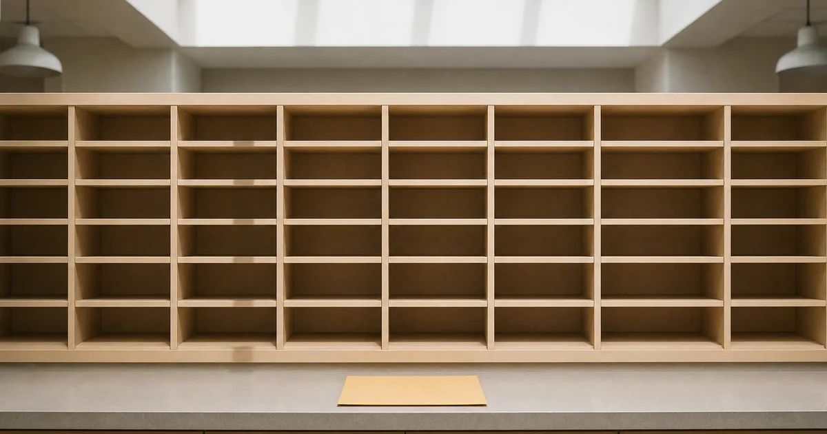 A mailroom sorting wall at midday, rows of empty pigeonhole slots in pale wood with a single manila envelope resting on the counter below, flat overhead