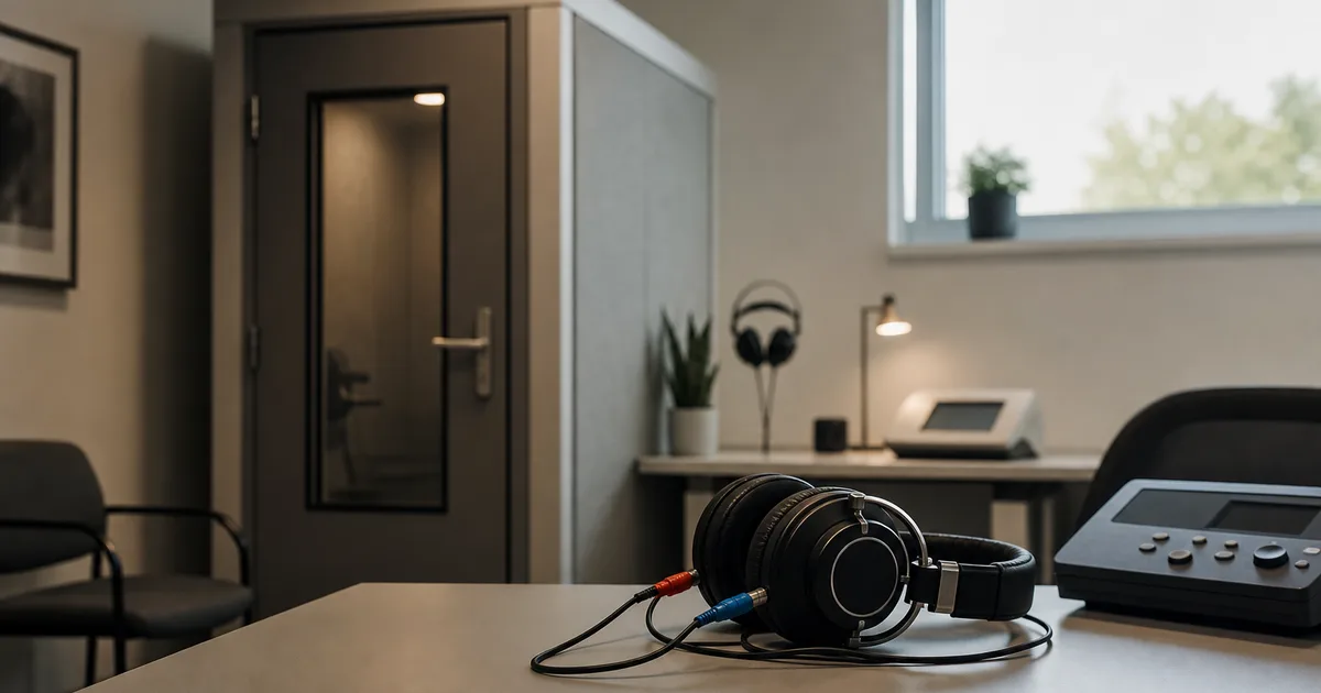 An audiology clinic with a sound booth and testing headphones on a clean desk, calm clinical light, no people