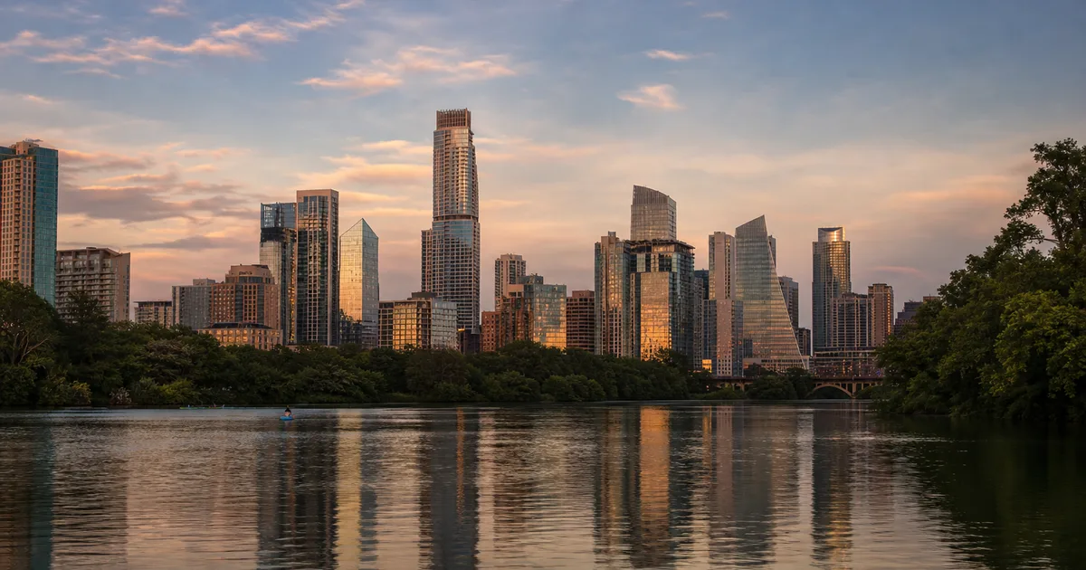 Wide-angle dusk view of the Austin downtown skyline reflected in Lady Bird Lake, warm amber light over glass office towers and green riverbanks