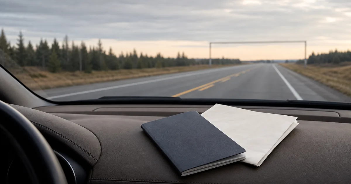 A closed passport on a car dashboard beside a folded printout, a quiet highway and overcast sky through the windscreen, calm morning light, no readable text