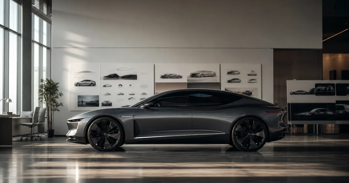 A modern EV design studio with a sleek car silhouette under soft studio light on a clean reflective floor