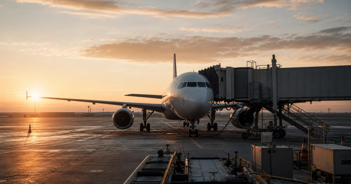An airport tarmac at sunrise with a commercial jet parked at the gate, ground equipment in the foreground, warm expansive light, no people