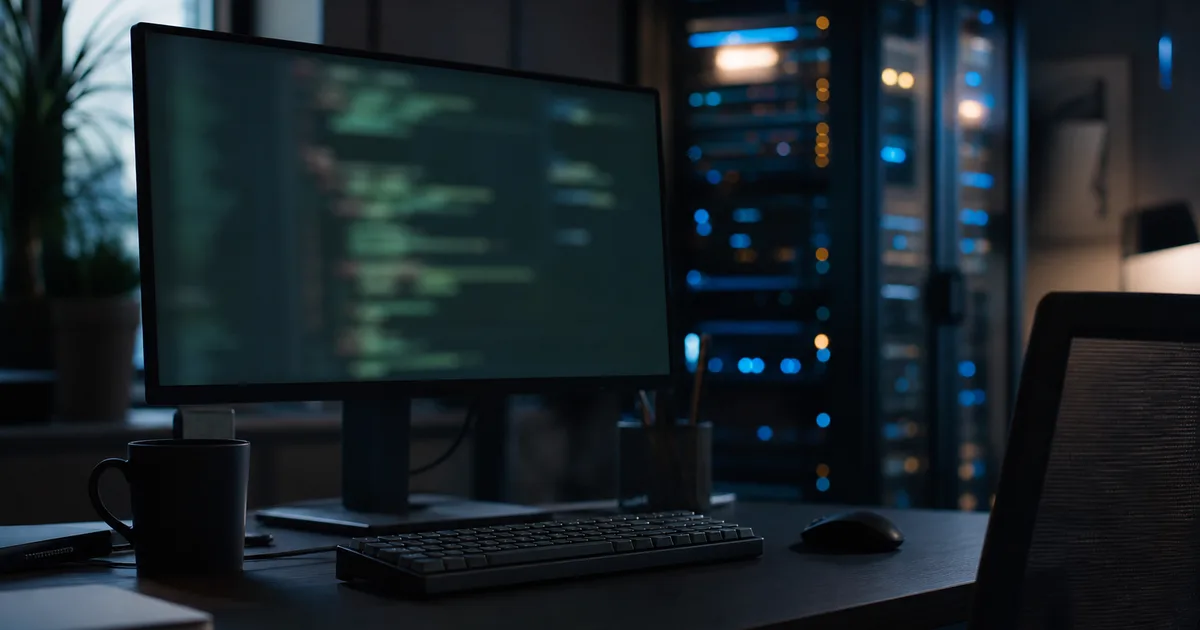 A dim developer desk with a monitor showing blurred terminal code and a server rack glowing softly in the background, cool tones, no people