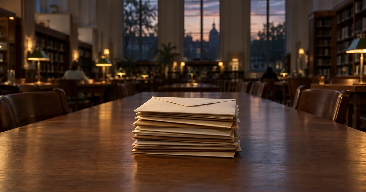 A person at a desk at night reviewing printed employment records and a passport beside a laptop, calm and methodical home office scene