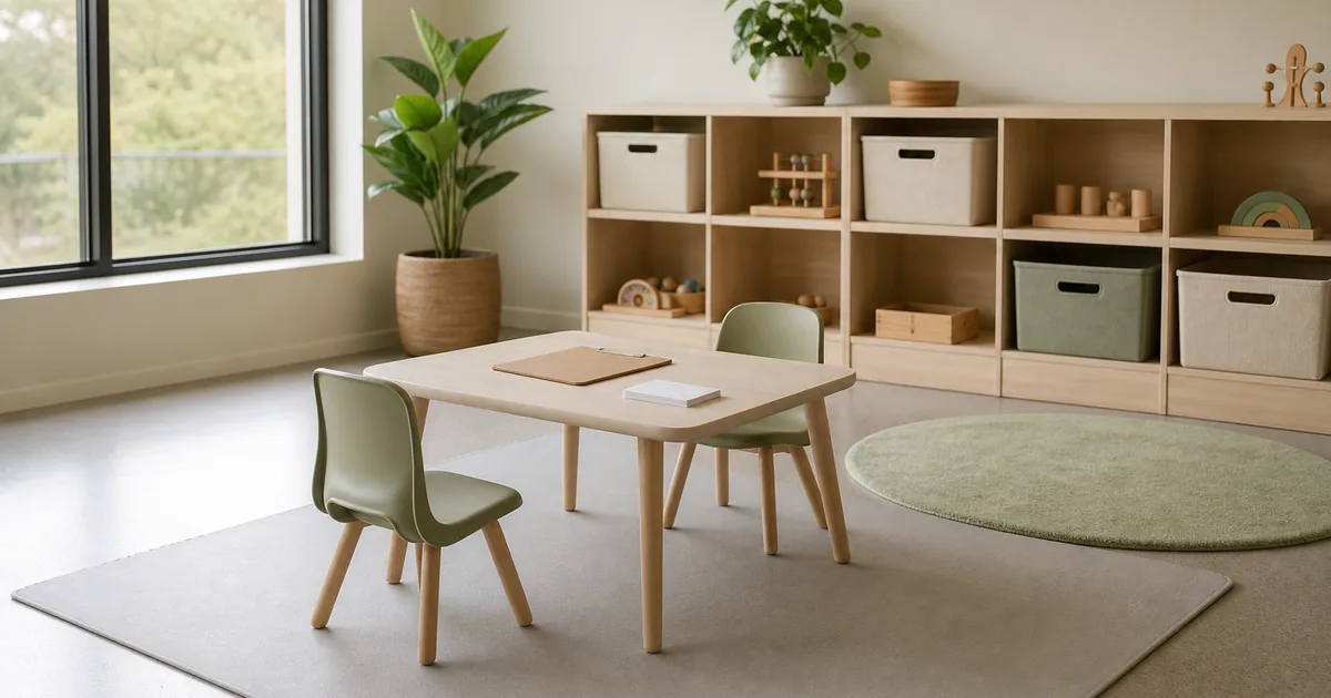 A bright, uncluttered pediatric therapy room with low child-sized furniture, soft floor mats, and bins of learning materials in daylight, no people present