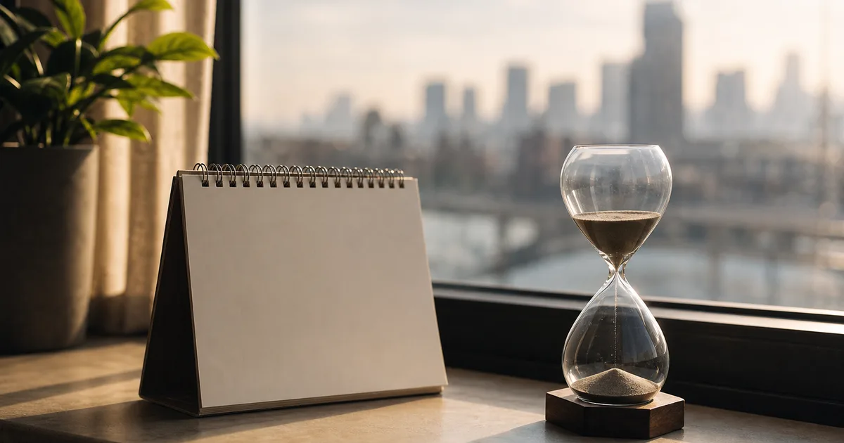 A desk calendar and an hourglass on a windowsill in soft morning light, a hopeful but urgent mood, shallow focus