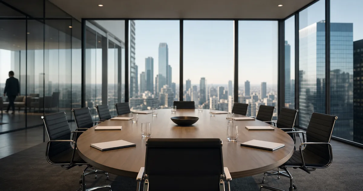 A business analyst presenting data dashboards on a large monitor to colleagues in a modern office conference room