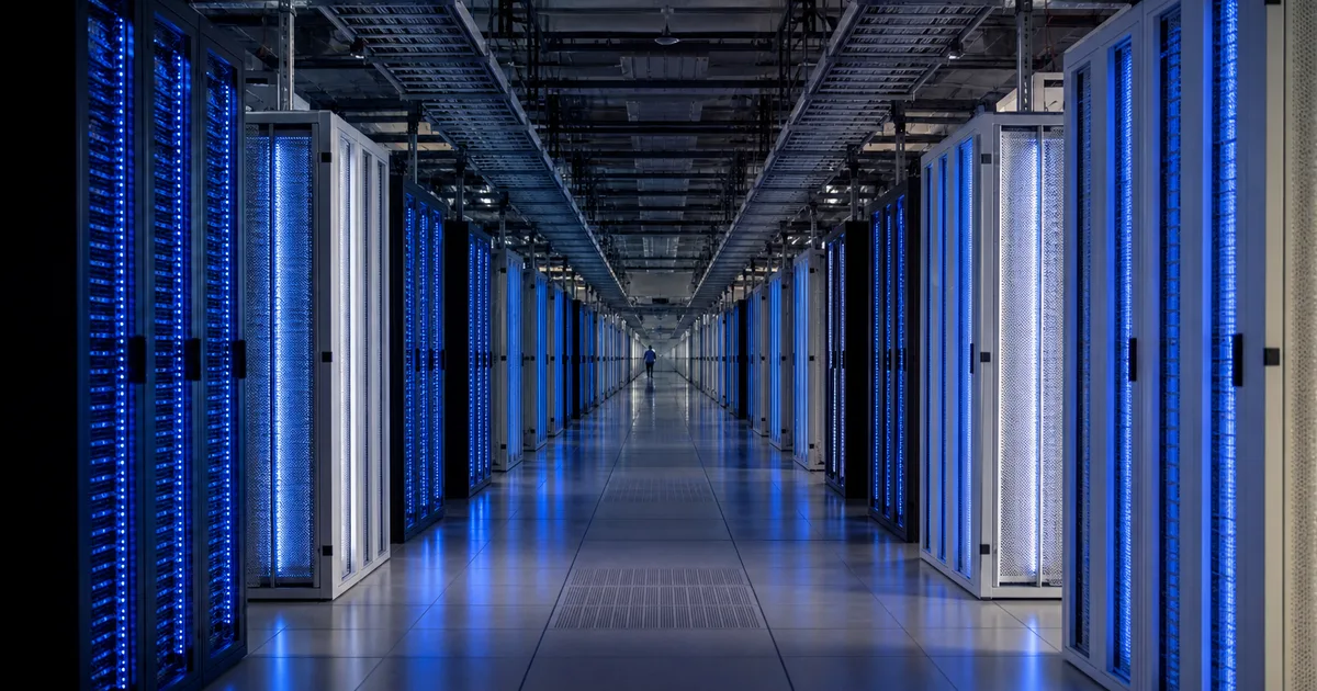 A modern data center cold aisle at night with rows of servers and soft blue indicator lights receding into the distance