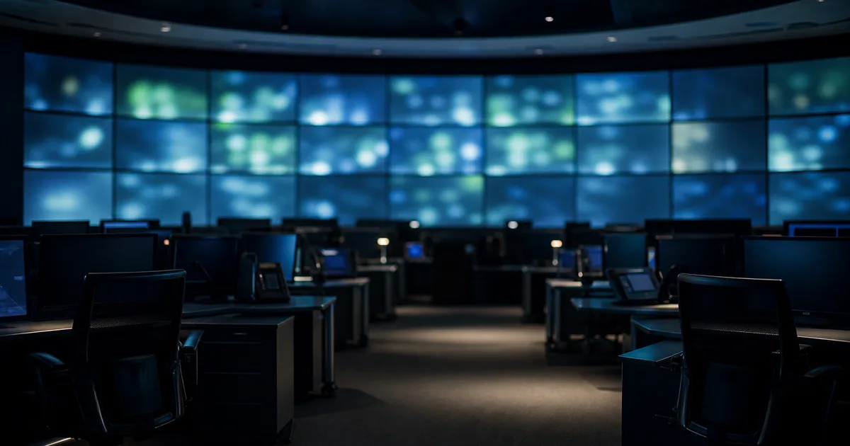 Security operations center at night with multiple monitors showing network dashboards and an analyst focused at a workstation in a dimly lit office