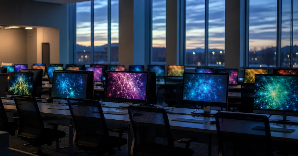 A data scientist works at a standing desk with multiple monitors showing dashboards and code in a modern open-plan tech office