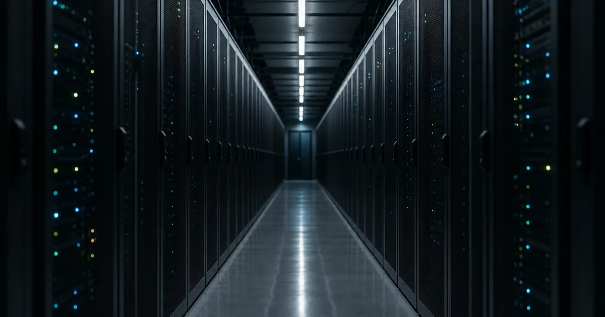 A database administrator reviewing server rack infrastructure in a dimly lit data center corridor with glowing blue indicator lights